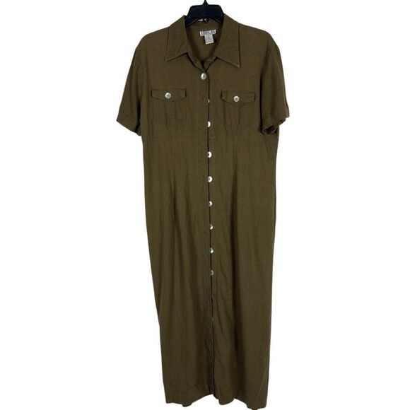 Robbie Bee Dresses & Skirts - Vintage Bobbie Bee Linen Green A-Line Full Button Dress - Women’s 14